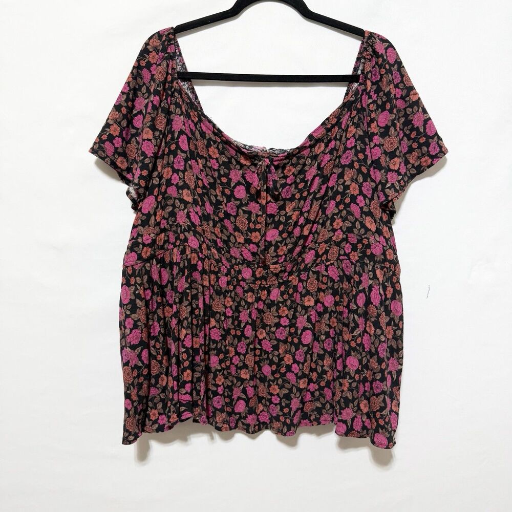 Torrid Size 3 3X Black Pink Floral Babydoll Peplum Top Tie Neck Short Sleeve